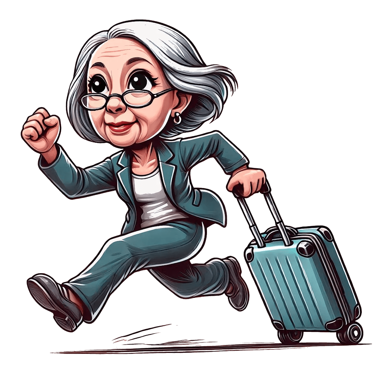 Comment voyager léger après 50 ans ? 10 astuces pratiques 2 a cartoon of a woman running with a suitcase